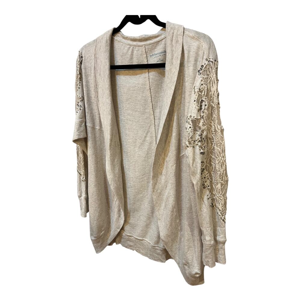Soft Surroundings Beige Open Front 100% Cotton Lace Beaded Cardigan Size Medium